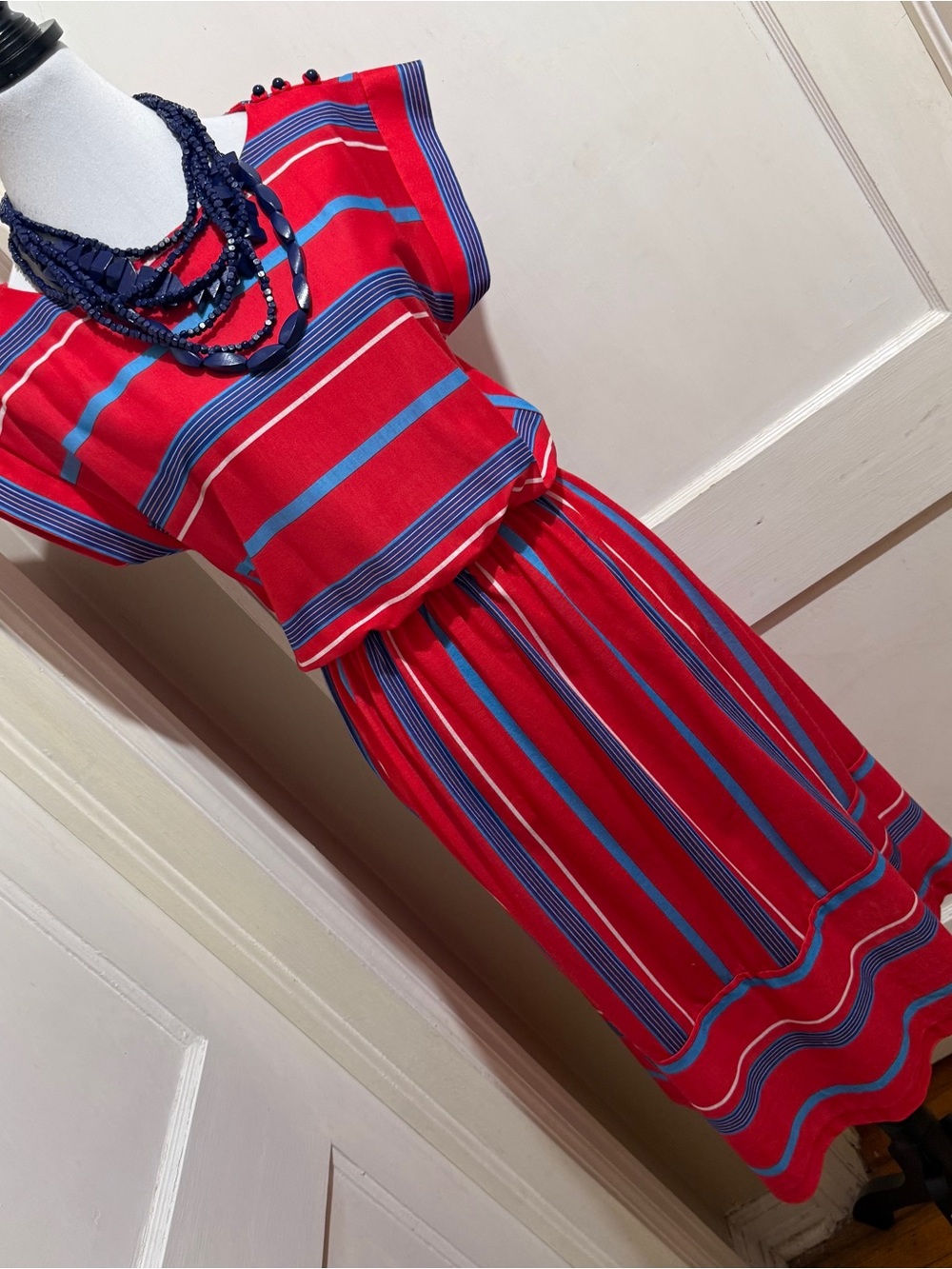 Vintage Studio 36 Red Midi Dress with Navy & Teal Stripes